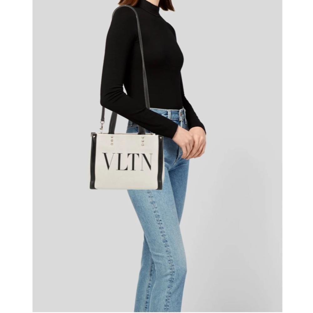 Valentino Garavani Canvas Rockstud VLTN 2-Way Tote-Ivory with Black Leather Trim
